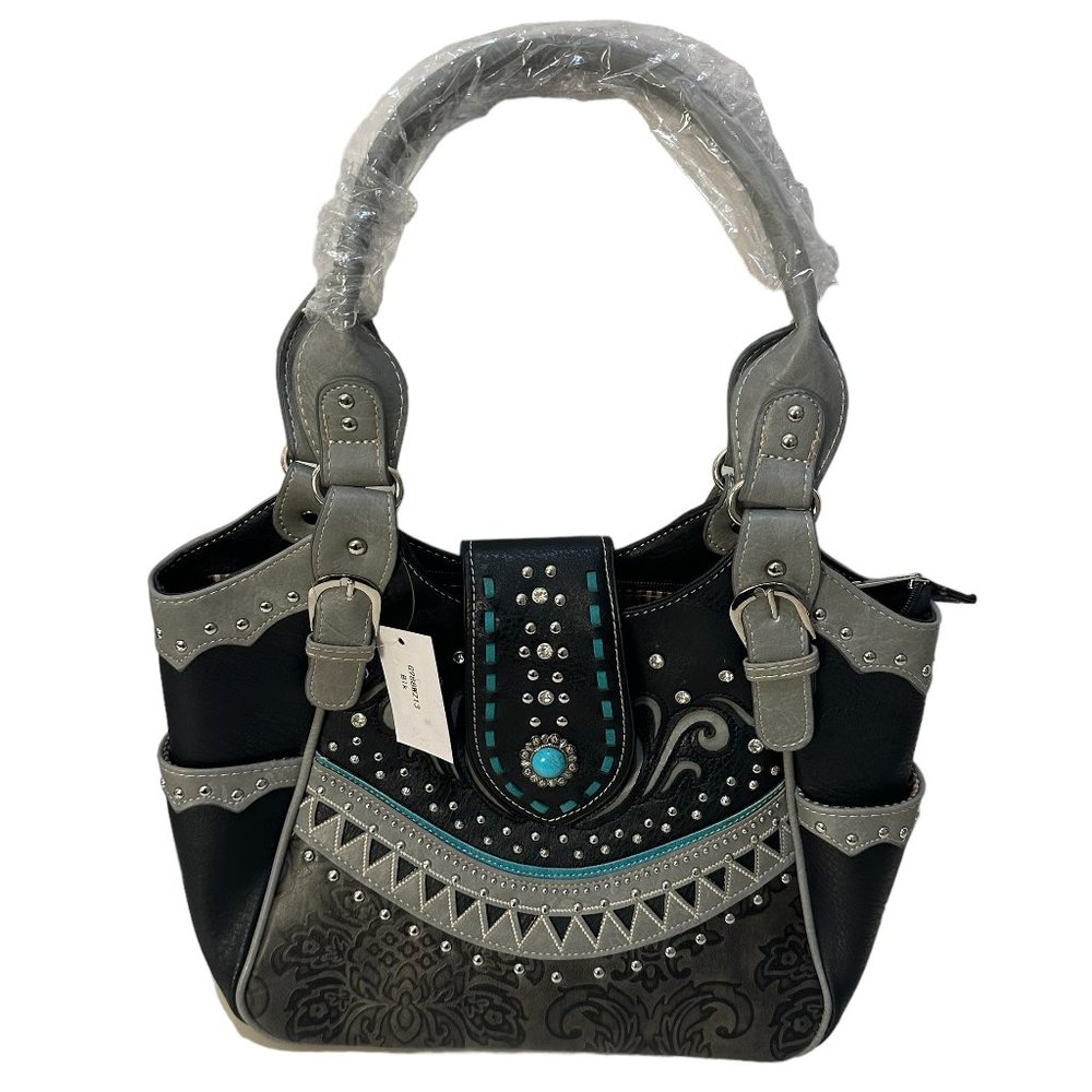 (7-200) Brand New with Tag -Black & (Turq) Western Style Two Handle Shoulder Bag